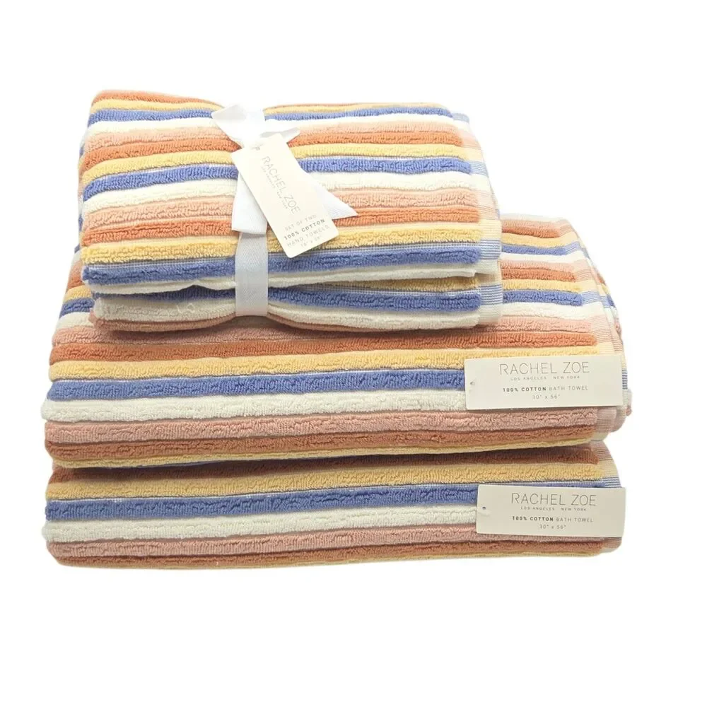 Rachel Zoe 4pc Cotton Bath Hand Towel Set Earthy Neutral Color Stripe Boho Fall